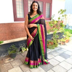 Black Mul Cotton Saree With Kanchi Borders