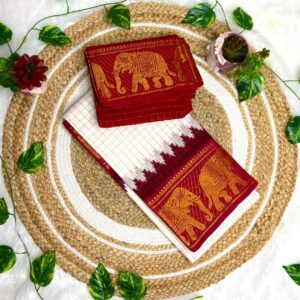 Malli Sungudi Cotton Saree with Elephant Border & Temple Design