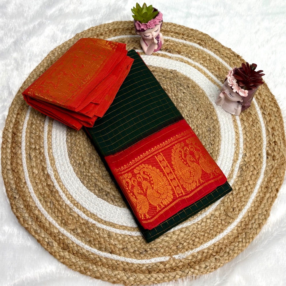 Green & Orange Sungudi Cotton Saree